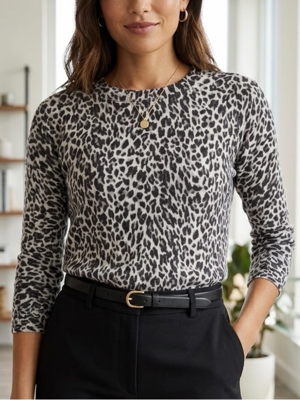 J.Crew Tippi Grey Leopard Print 100% Merino Wool 3/4 Sleeve Crewneck Sweater XS